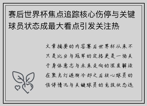 赛后世界杯焦点追踪核心伤停与关键球员状态成最大看点引发关注热